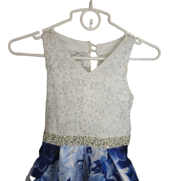 Speechless Kids Girls Formal Dress Size 8 Blue Floral Sleeveless Pearls Ballgown - Picture 2 of 8